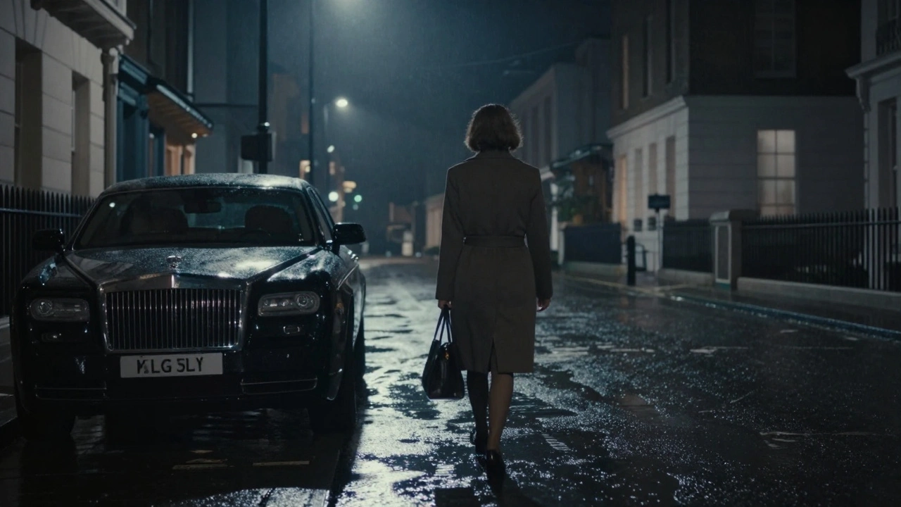 A woman walking alone at night in a prestigious London neighborhood, exuding discretion and independence.
