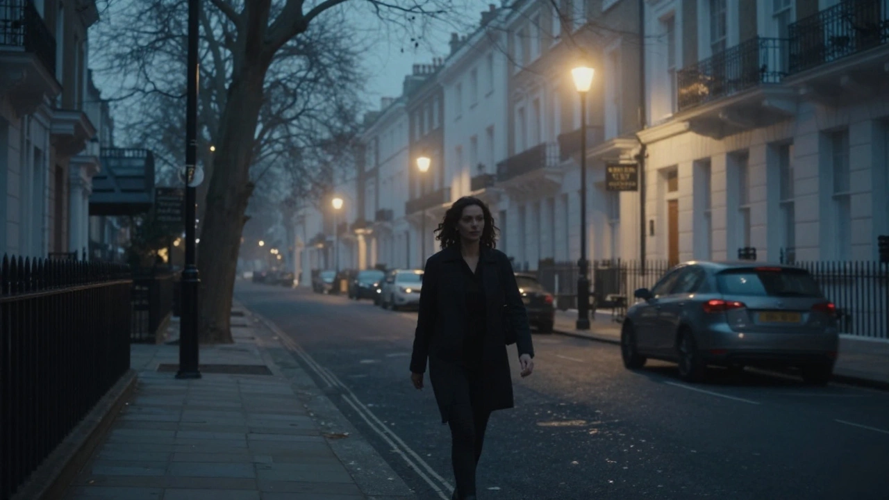 A woman walking alone down a quiet London street at dusk, illuminated by soft streetlights.