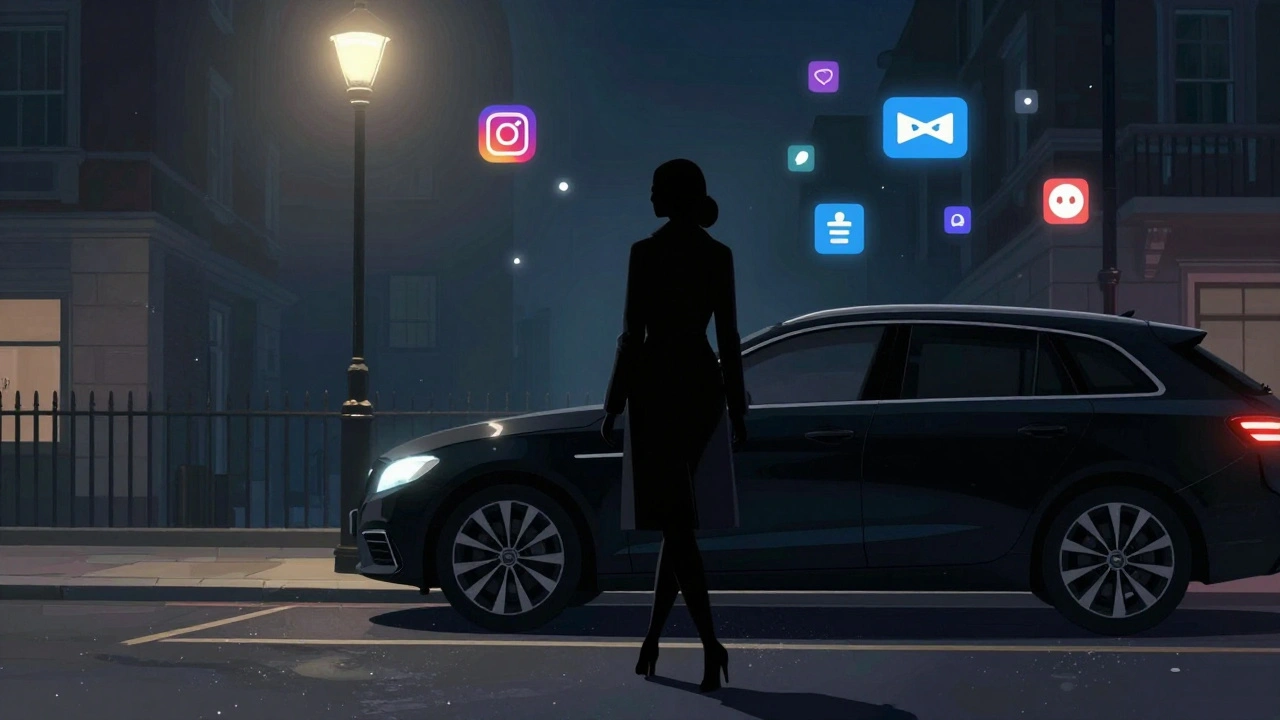 A woman walking away from a black car in a dim London street, digital icons fading into the night around her silhouette.