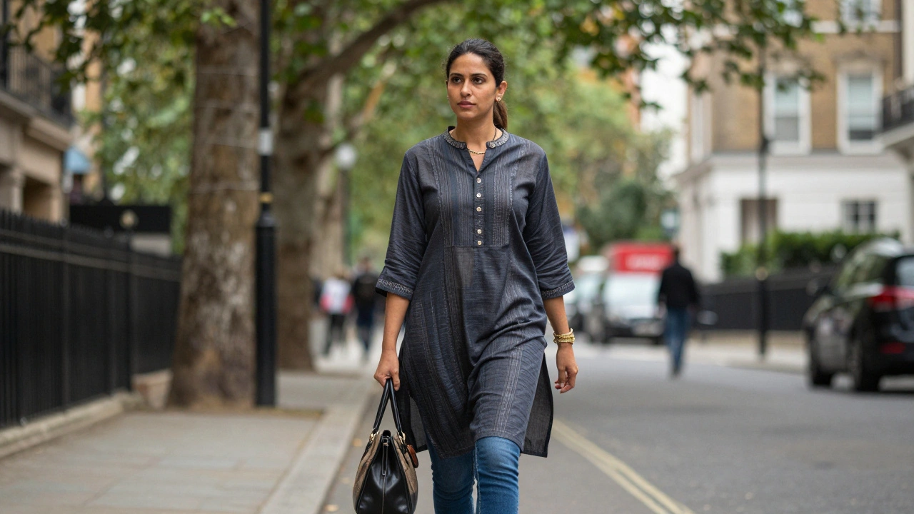 A woman walking confidently down a London street in modern ethnic attire, anonymous and composed amid urban surroundings.