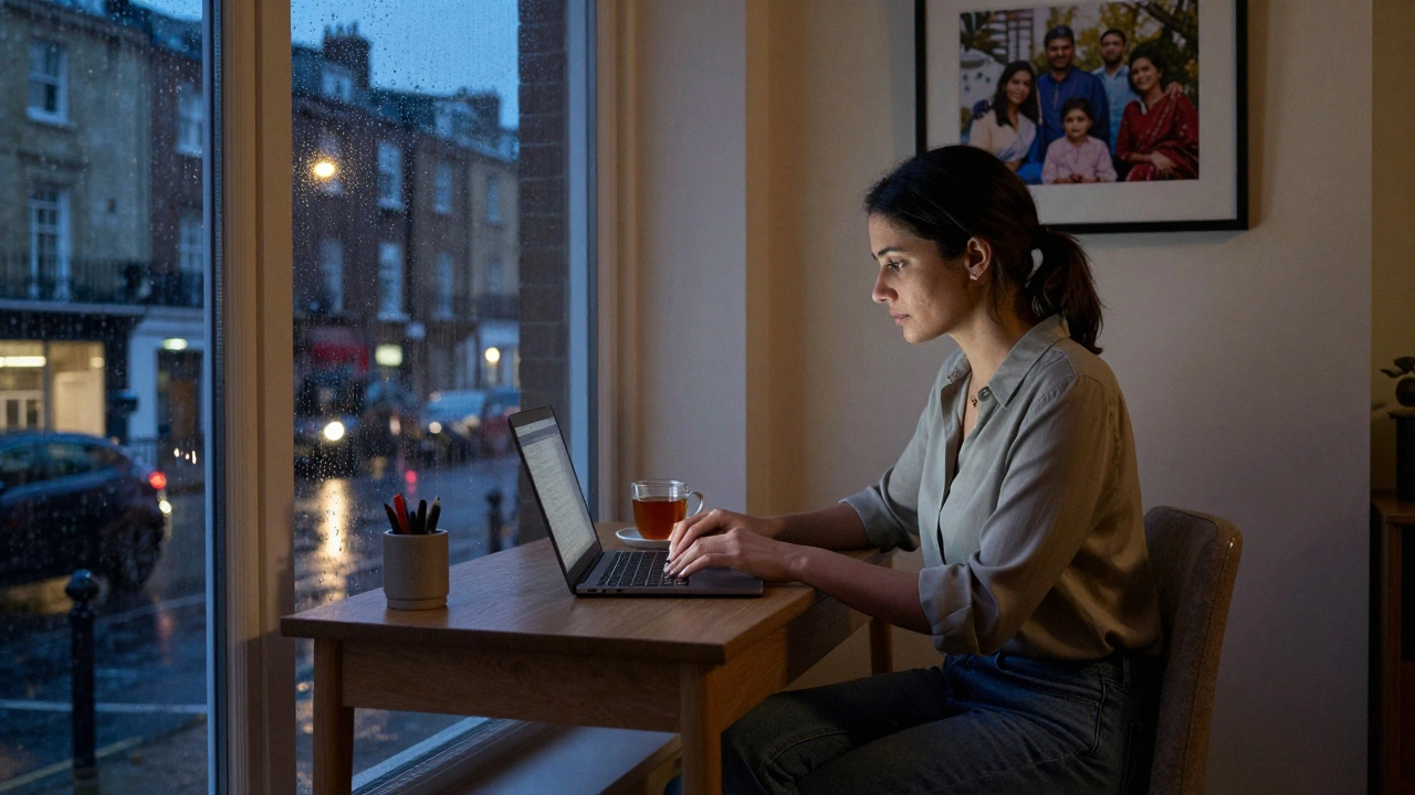 A woman working at a desk in her London apartment, tea beside her, a family photo on the wall, rain falling outside.