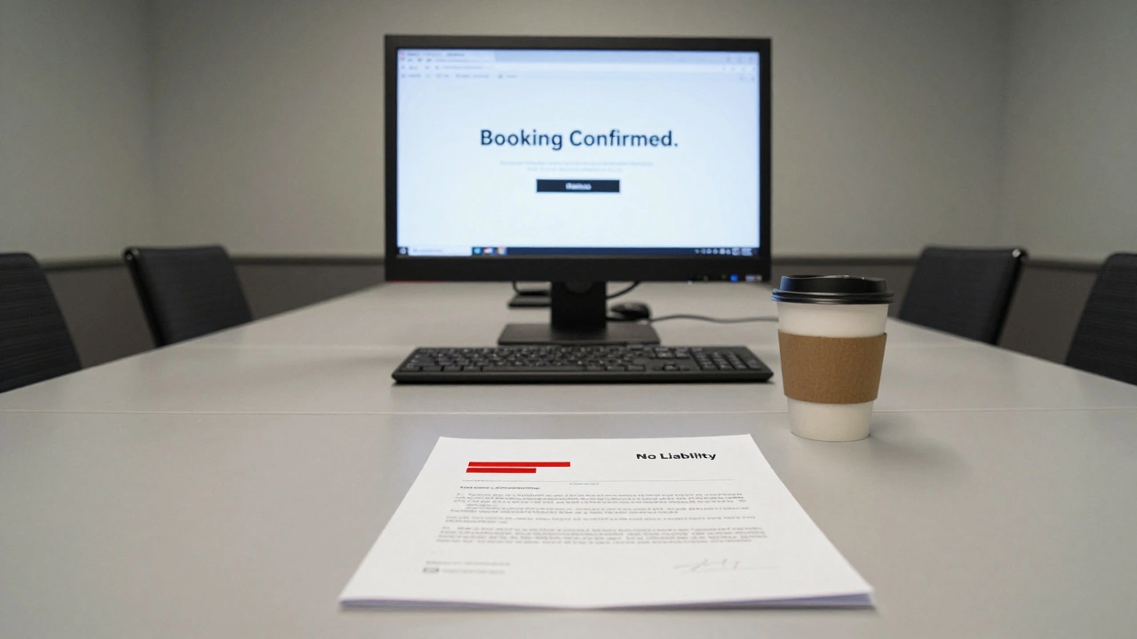 An empty conference room with a frozen booking page and a folded contract under harsh office lighting.
