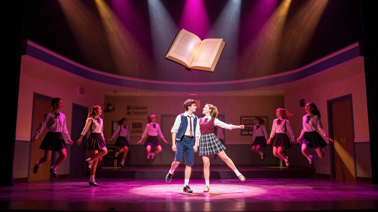 Cady and Regina on stage under pink spotlight with rotating hallway and glitter falling.