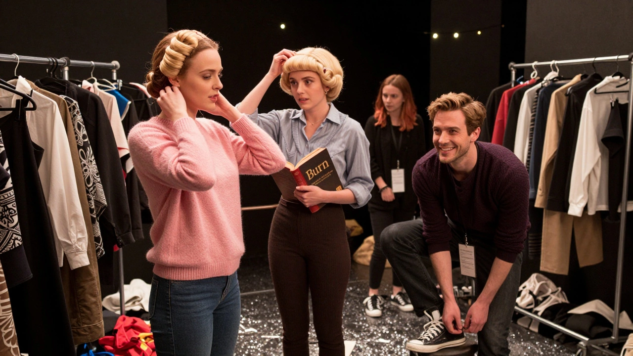 Cast backstage in costume, adjusting outfits with glitter on the floor around them.