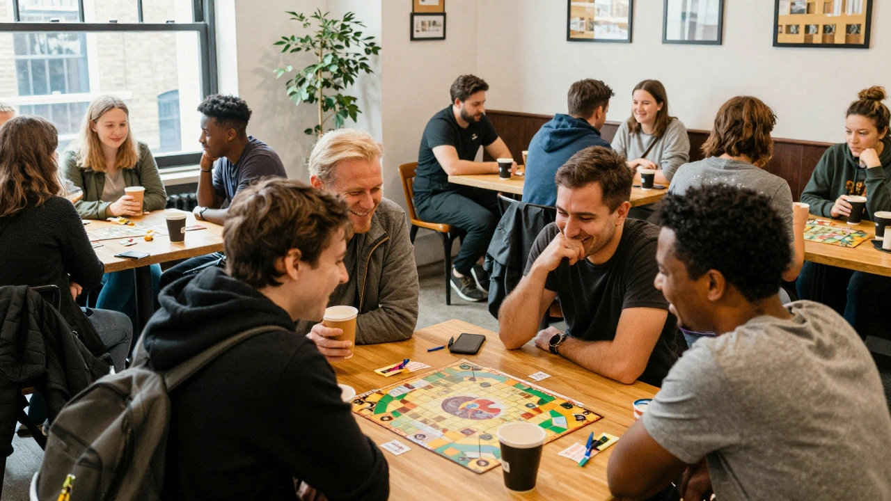 Diverse people enjoying a social gathering at a pub, playing games and laughing together.