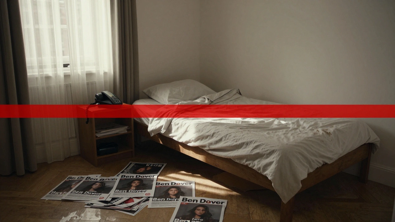 Empty apartment with scattered 'Ben Dover' ads and a discarded phone on a nightstand.