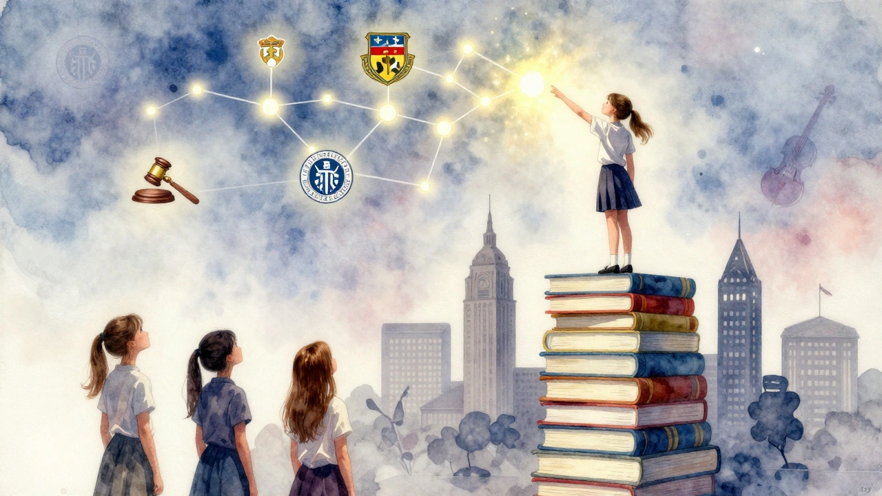 Girl standing on books shaped like skyscrapers, reaching toward floating university and career icons.