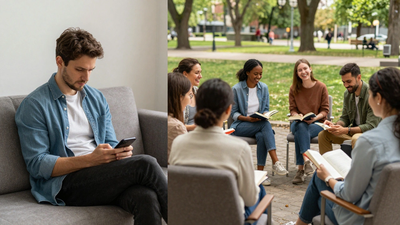 Split image: one side shows loneliness with a phone, the other shows people connecting in real life.