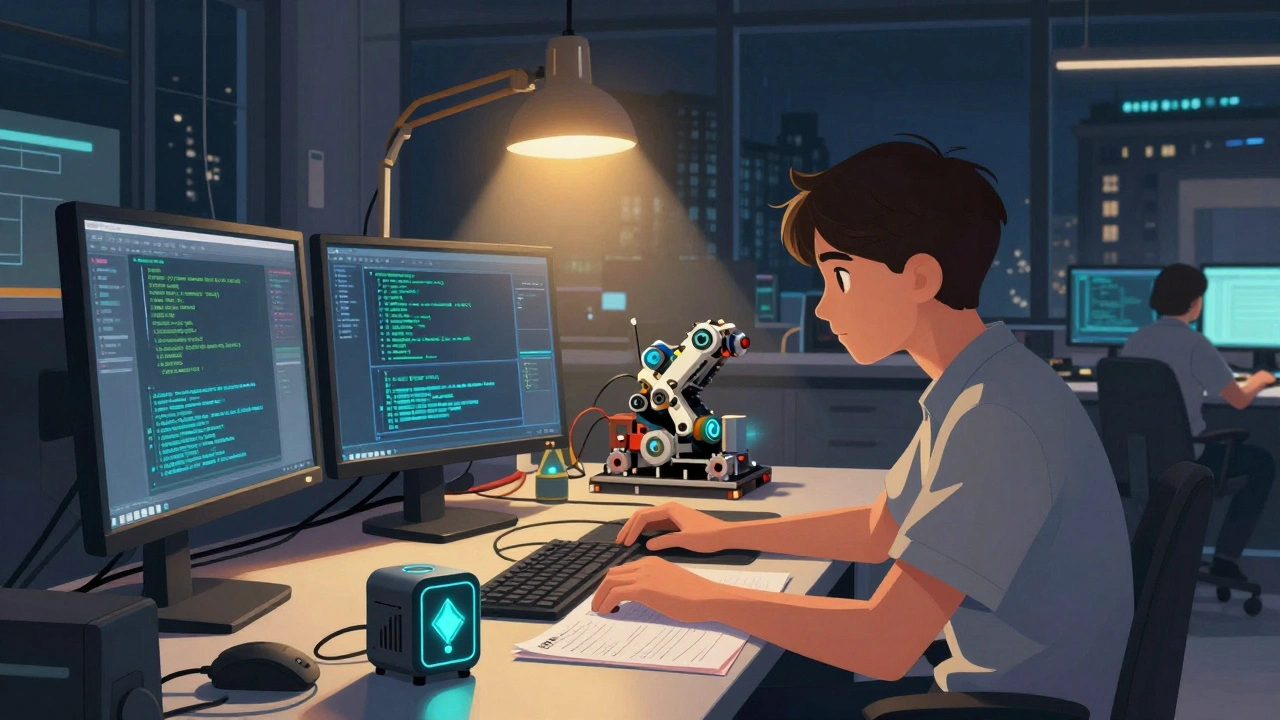 Student working in a high-tech school lab with robotics and glowing code on screens.