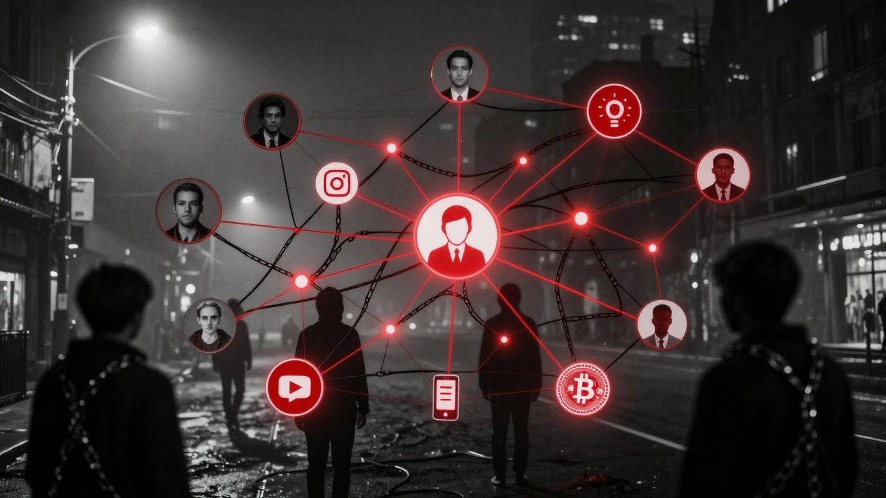 Tangled digital network of fake ads, burner phones, and chained silhouettes in a foggy cityscape, rendered in red and monochrome.