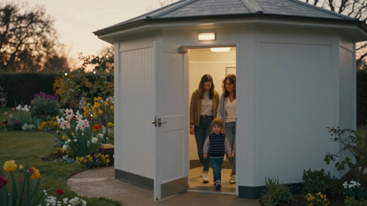 The Greenwich Park Pavilion restroom at sunset, with a family exiting and a peaceful garden outside.