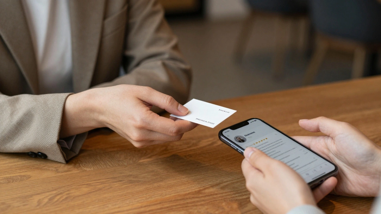 Two hands exchanging a business card and phone showing a verified review in a quiet café.
