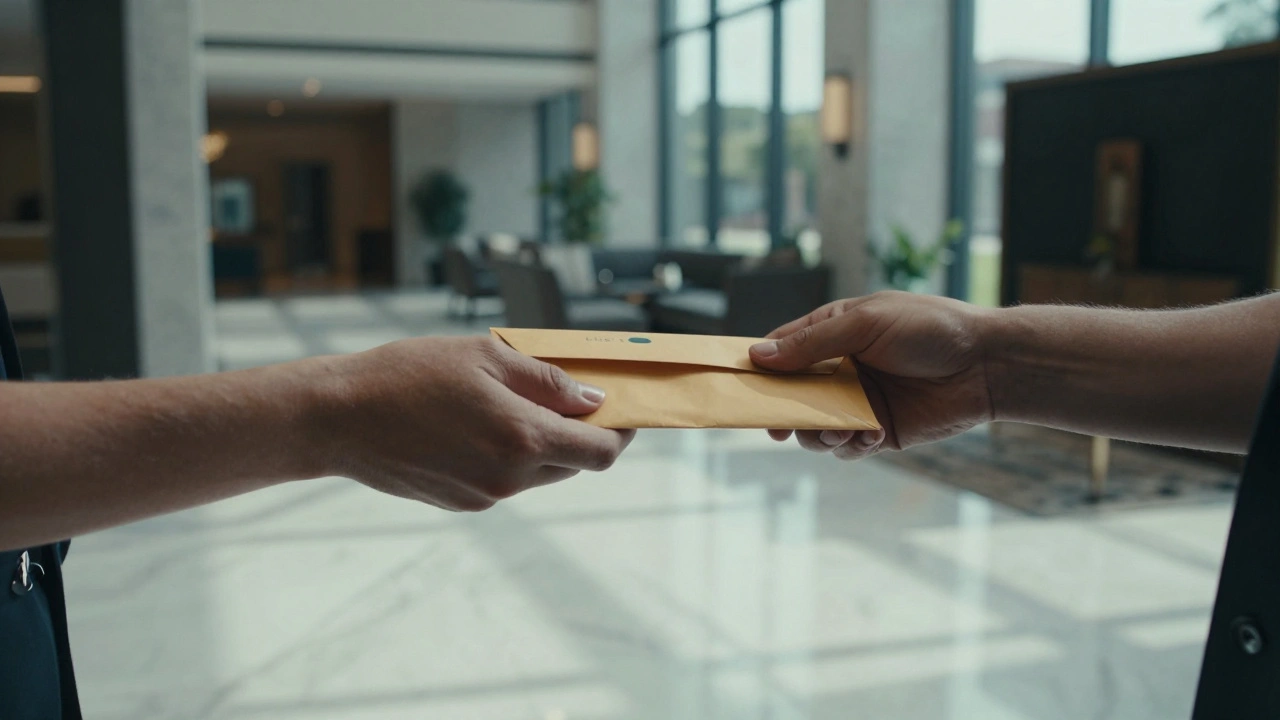 Two hands exchanging cash in a quiet hotel lobby, symbolizing trust and consent in a discreet adult service encounter.