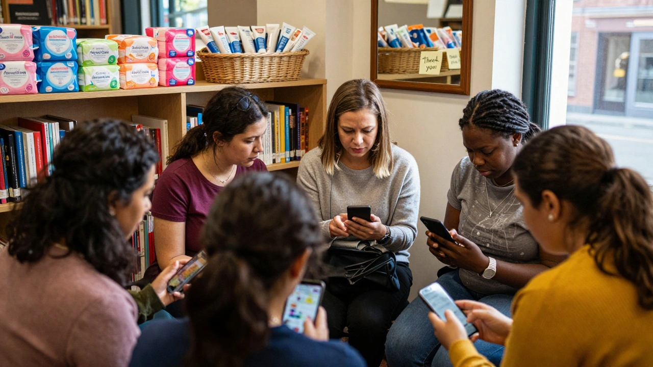 Women and caregivers using smartphones to check restroom locations in a quiet library corner, with free hygiene products on display.