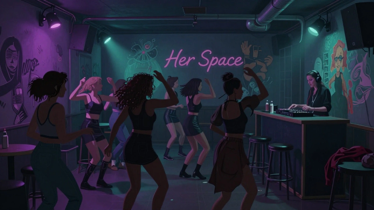 Women dancing in a dimly lit all-women venue with colorful murals and soft purple lights, no men present, intimate and free atmosphere.