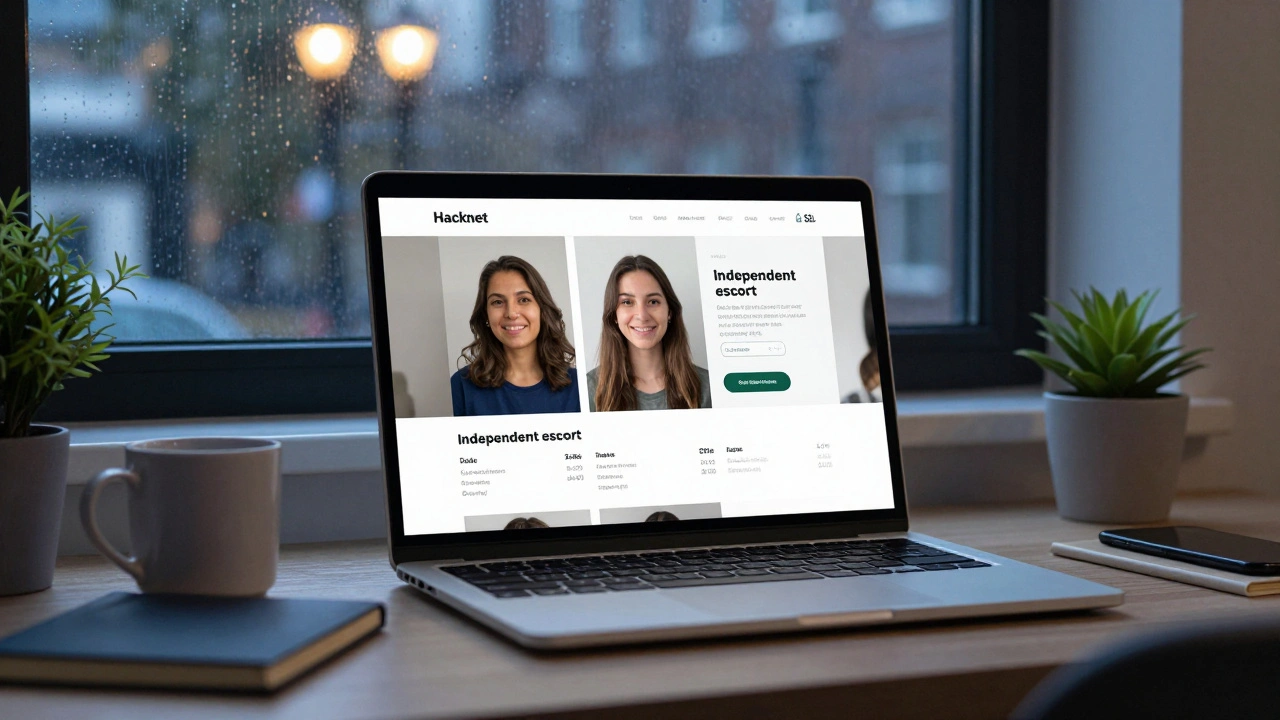 A clean escort profile on a laptop screen with verified photos and SSL padlock icon.
