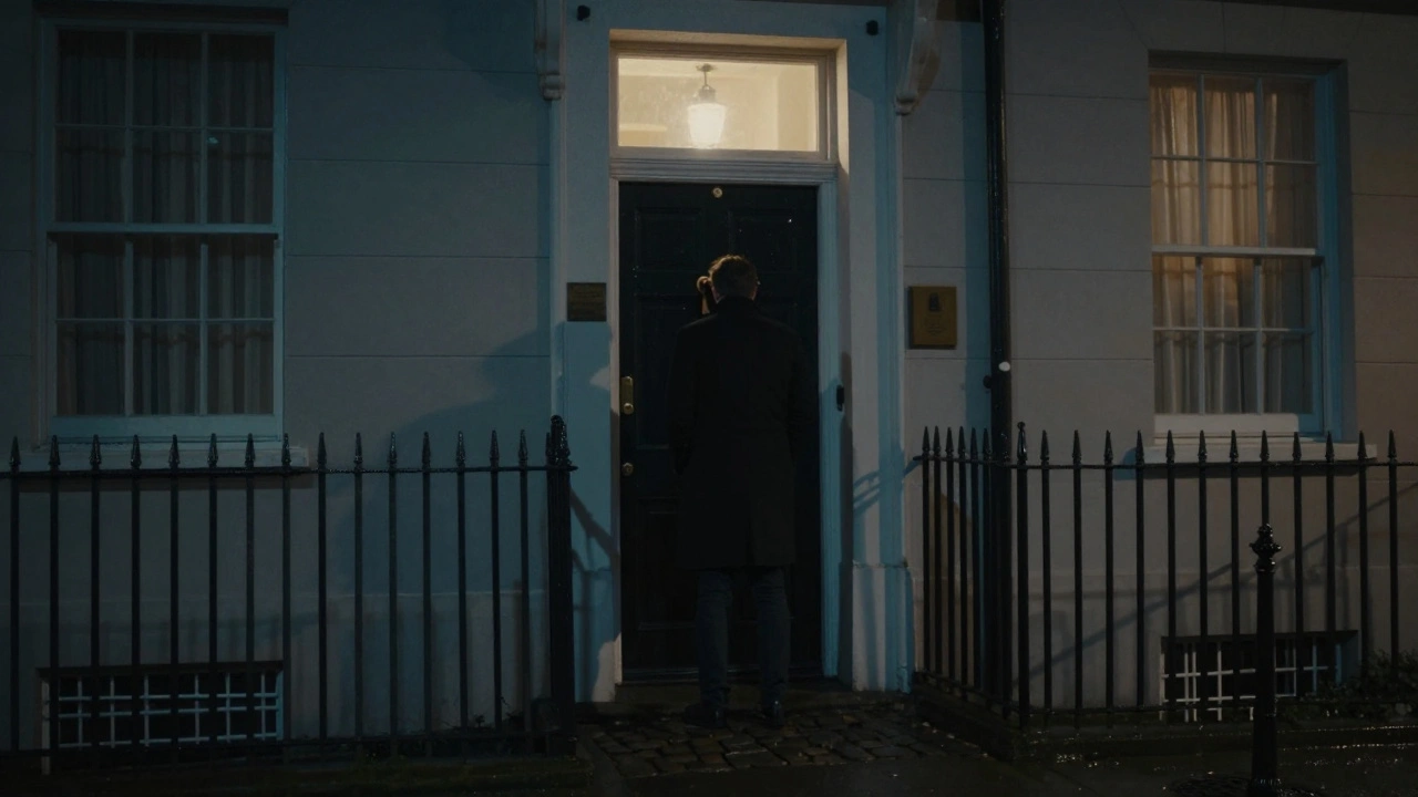A client hesitates outside a quiet London townhouse at night, rain reflecting streetlights, atmosphere of privacy.