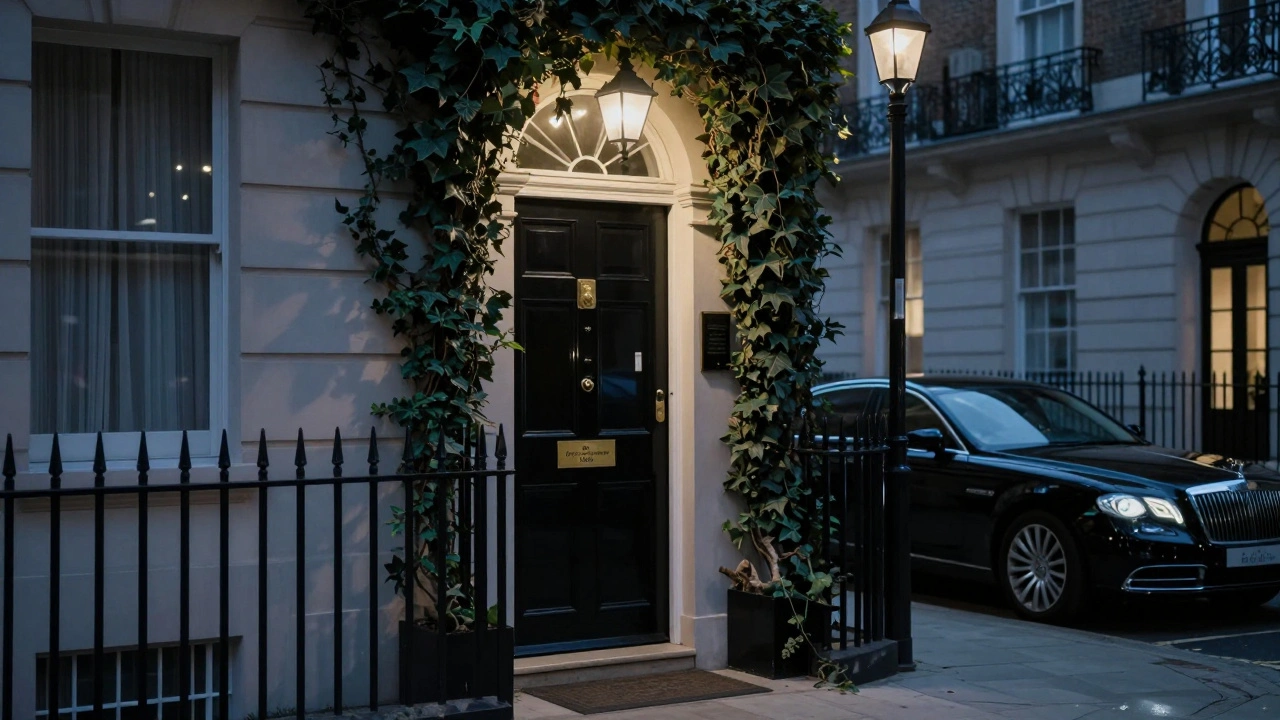 A discreet luxury agency entrance in a historic Mayfair townhouse at night, with a sedan waiting outside.