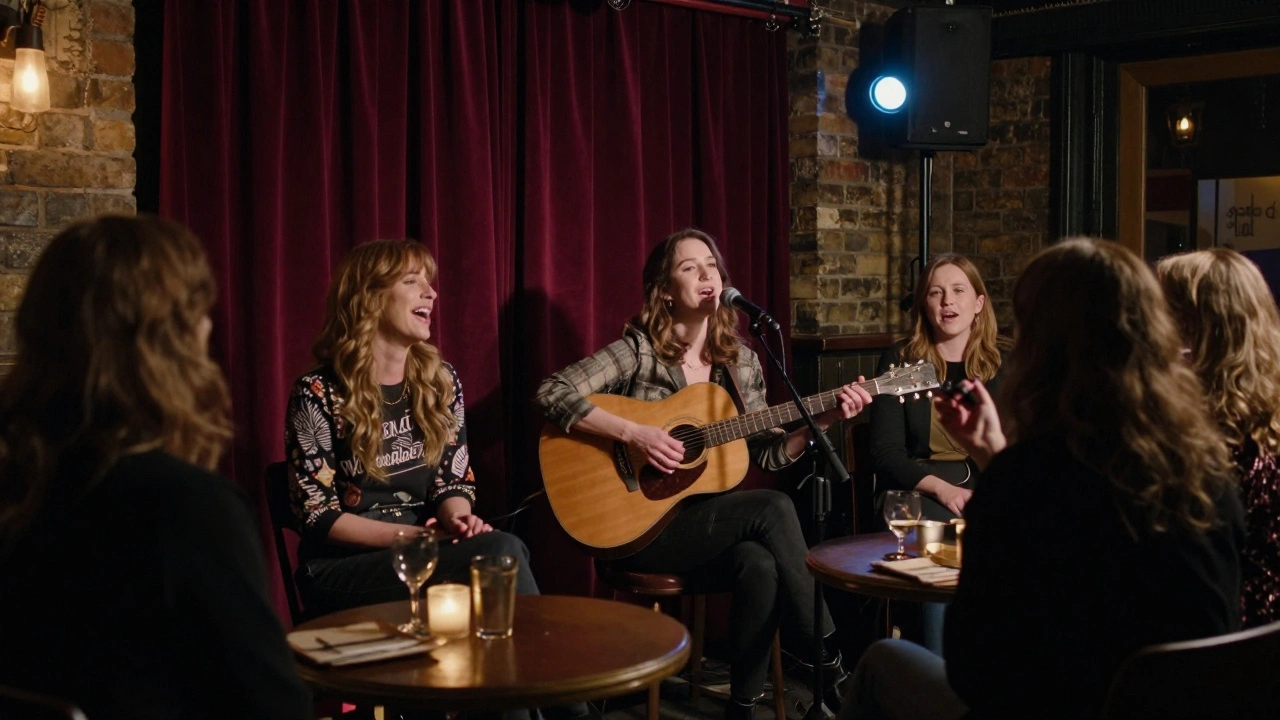 A group of friends singing along to live music in a dimly lit jazz café at night.