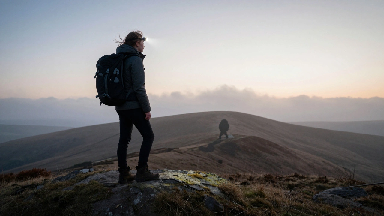 A lone girl standing confidently on a misty hilltop at dawn during a wilderness expedition