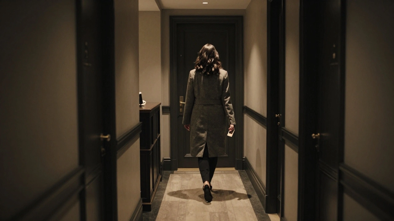 A professional woman walking alone down a quiet hotel hallway in London, carrying a keycard, embodying discretion and privacy.