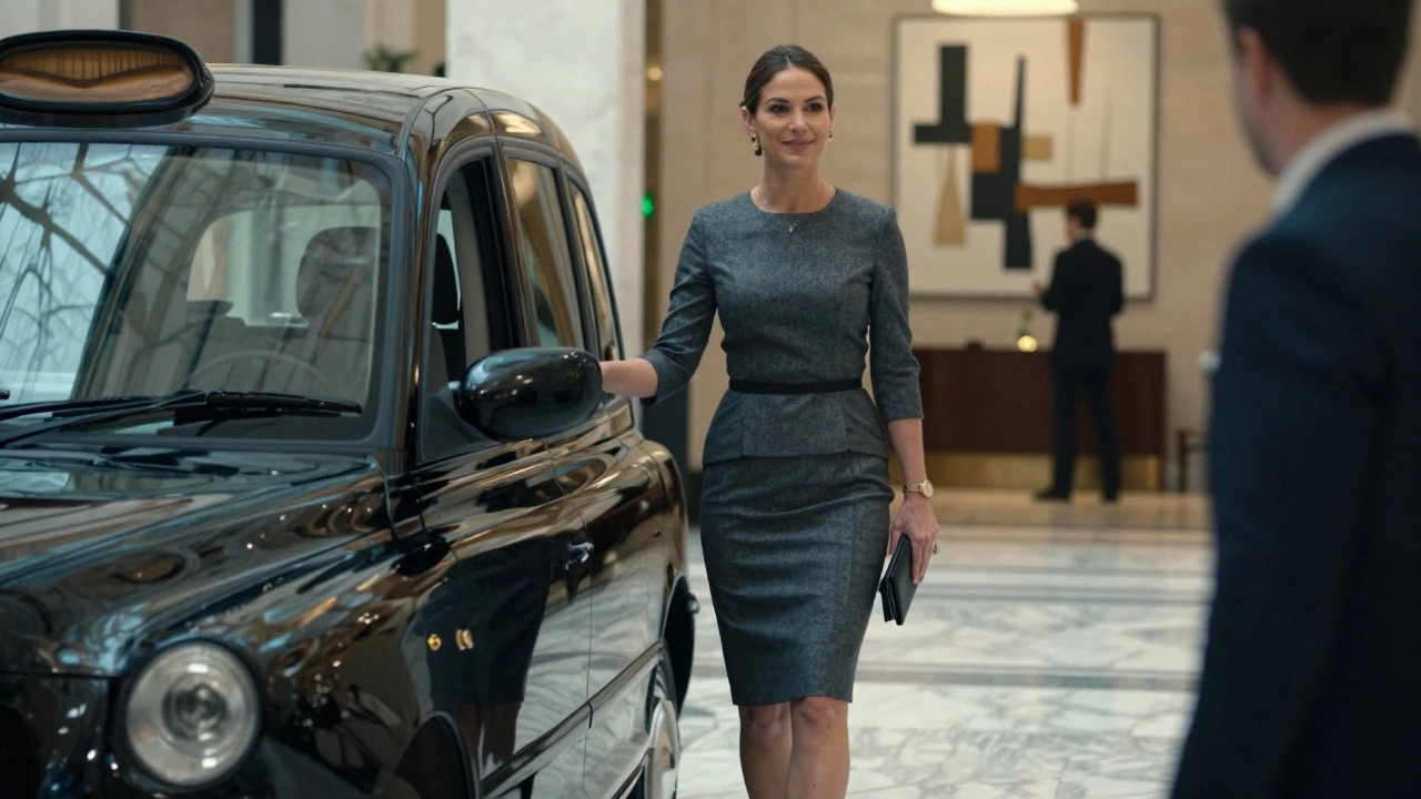 A professionally dressed woman arriving at a luxury hotel lobby in Stratford.
