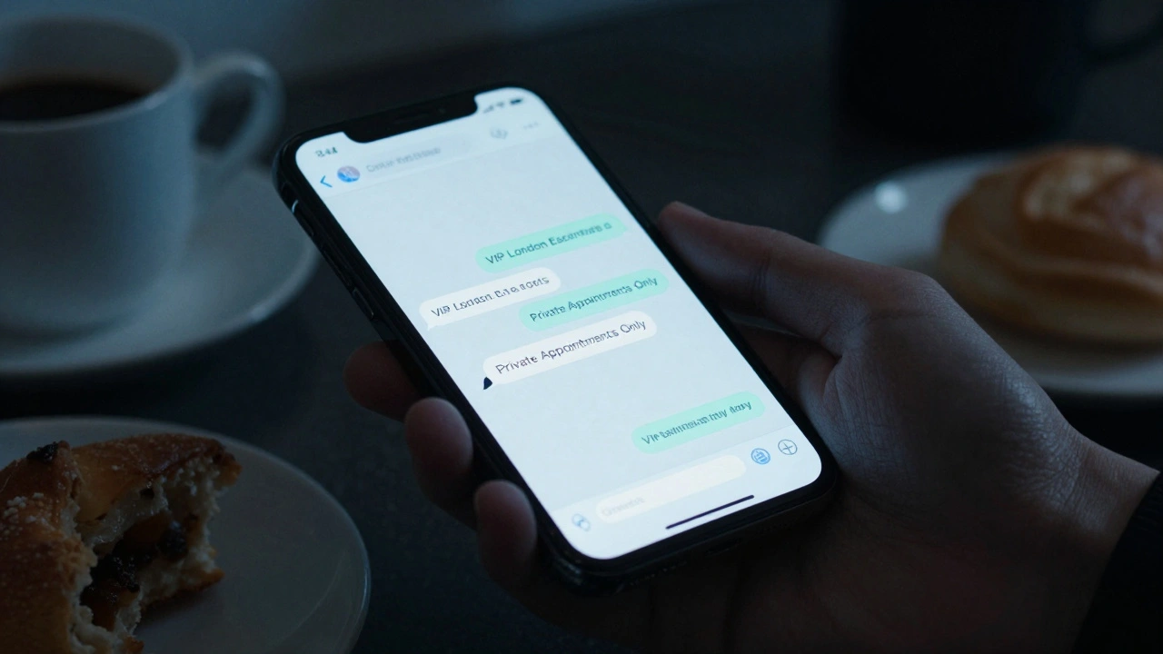 A smartphone displaying encrypted Telegram messages about escort services in a dim kitchen.