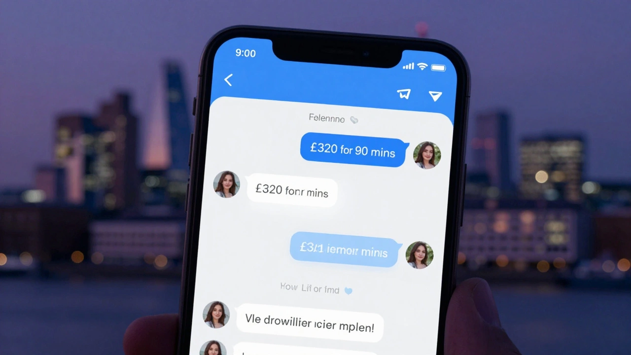 A smartphone screen showing a verified Telegram chat with clear pricing and reviews for an independent London escort service.