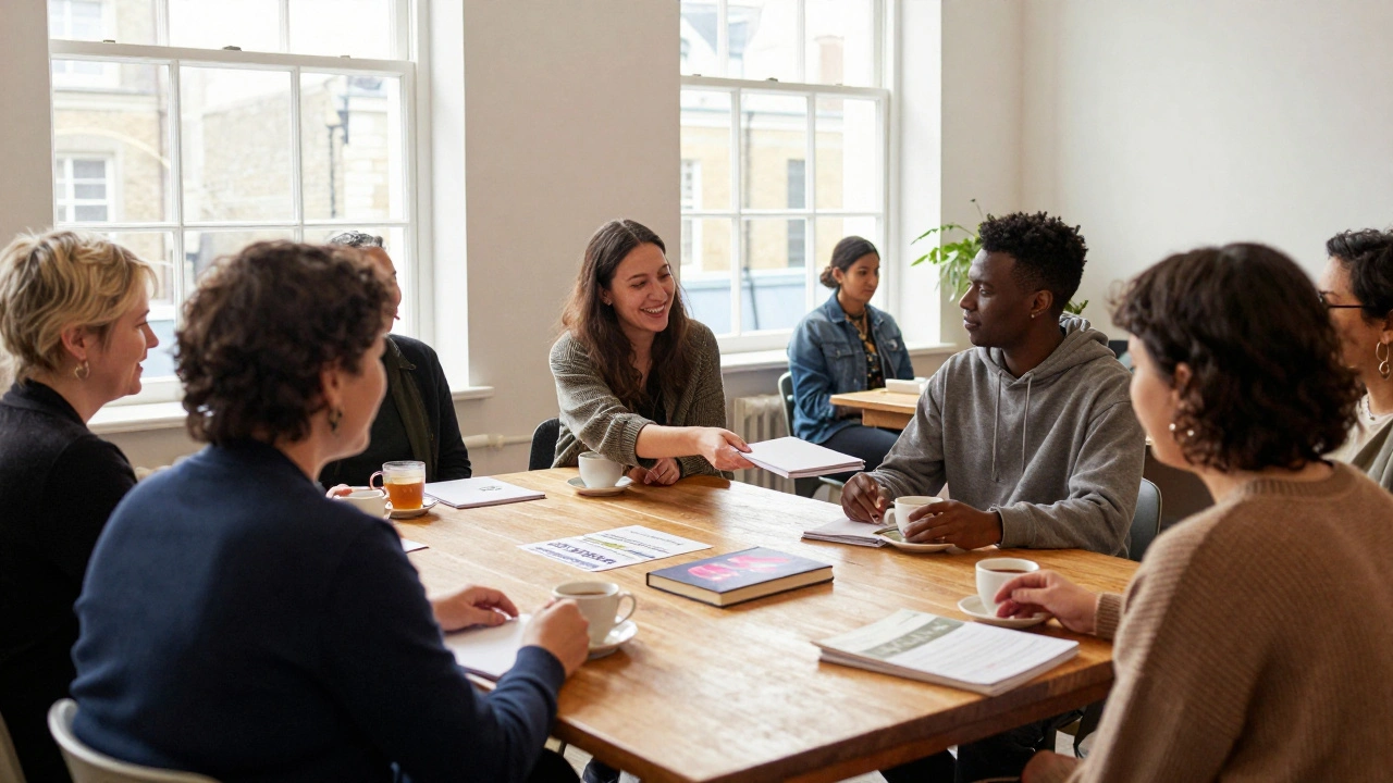 A warm community gathering with people sharing tea and support materials in a sunlit London room.