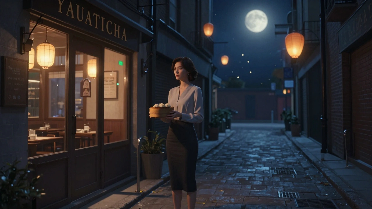 A woman holding dim sum in a quiet Soho alley under soft lantern light, paper lanterns fading into the night.