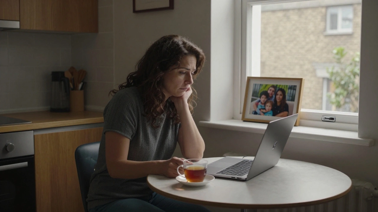 A woman in a London flat quietly messaging on a laptop, family photo beside her tea.