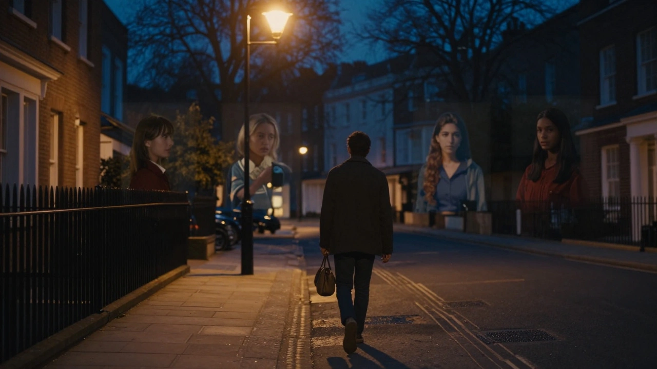 A woman walking away at night in West Hampstead, surrounded by faint images representing hidden identities.