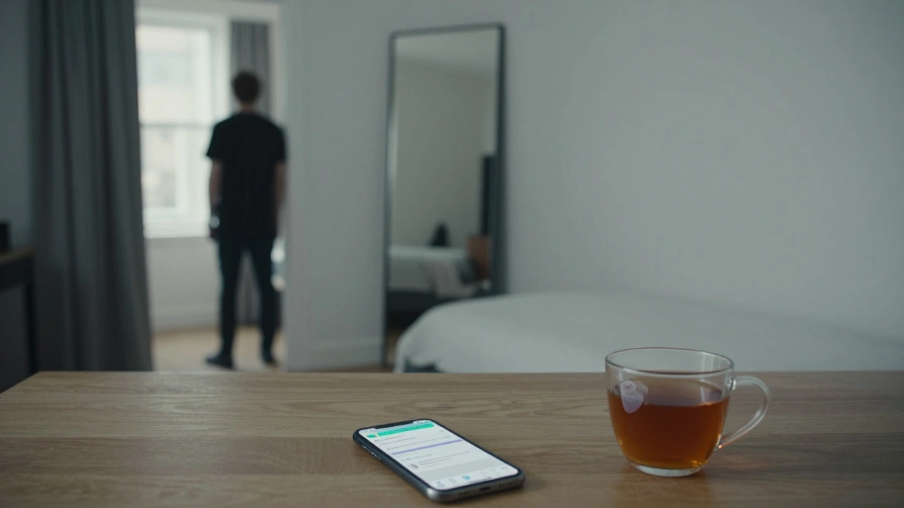 An empty London flat with a phone showing a Telegram chat and bank transfer, no one present, cold lighting.