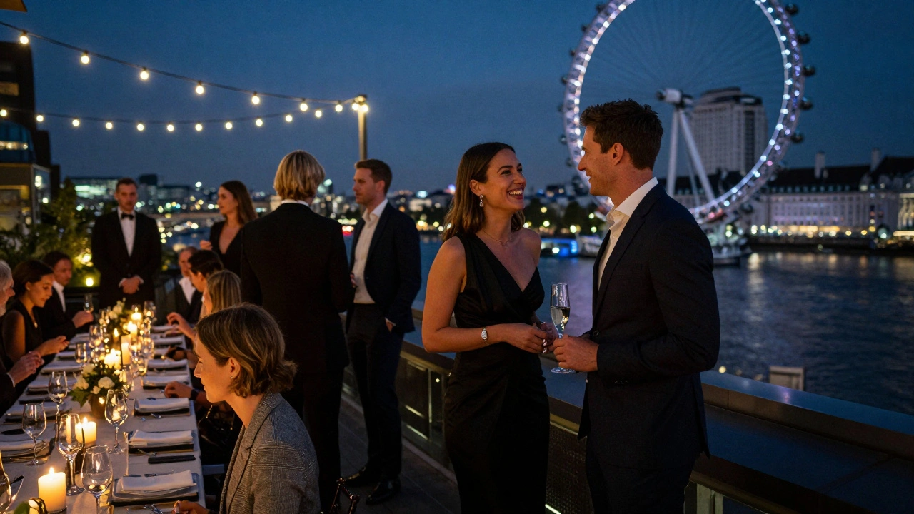 An exclusive rooftop dinner in London with guests mingling under string lights and city lights in the background.