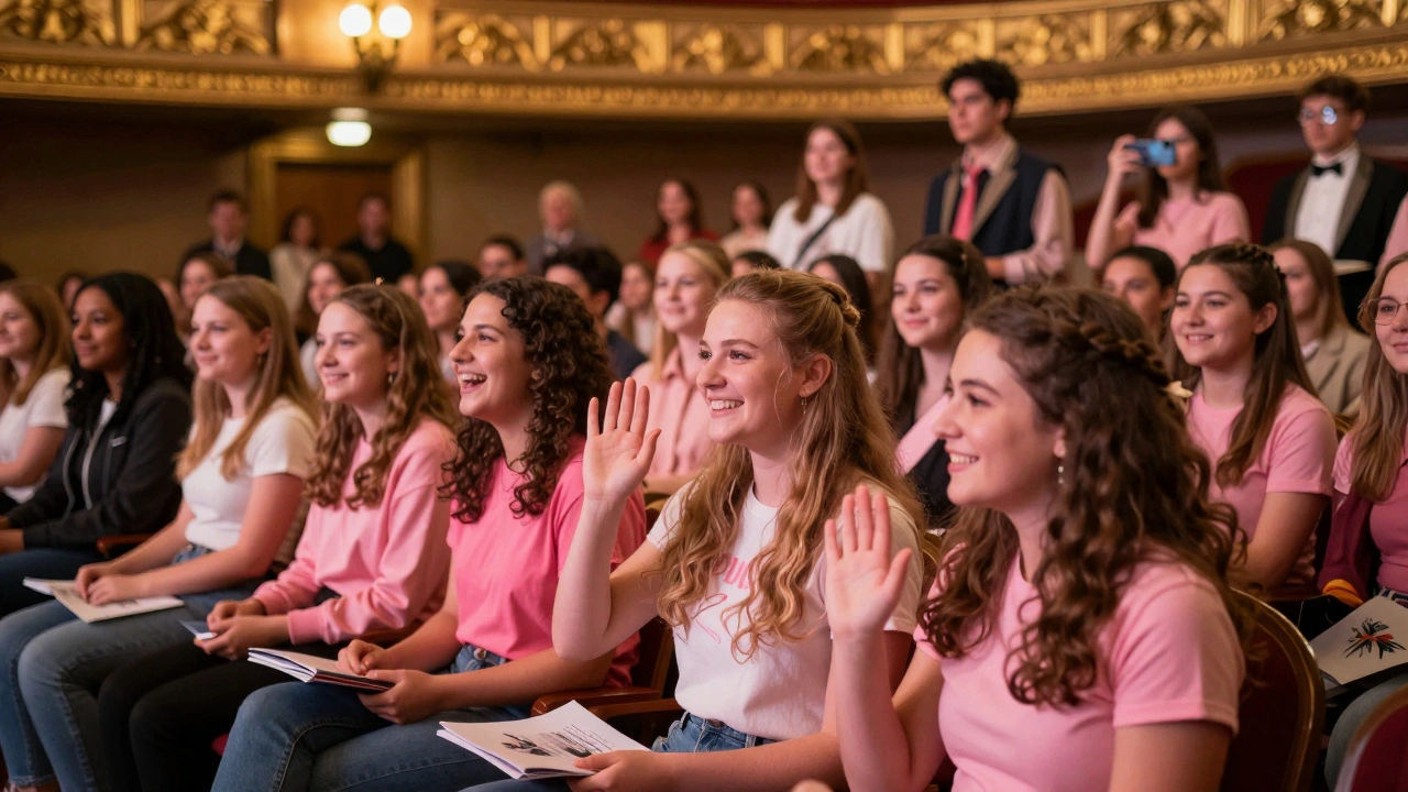 Audience members in pink chatting with cast members in costume after the musical ends.