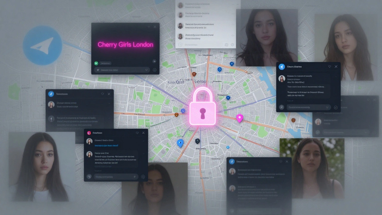 Digital collage of hidden online ads and a map of London neighborhoods linked to escort listings.