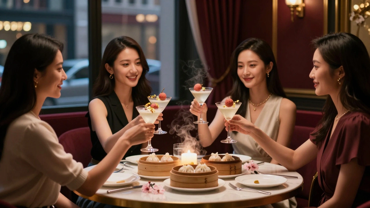 Four women clinking golden-flaked martinis at a candlelit table in a sophisticated Soho restaurant.