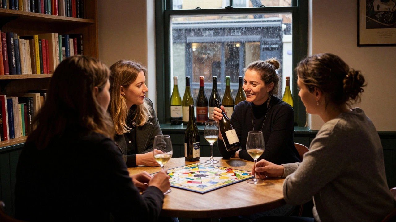 Friends laughing over wine and a board game in a cozy Peckham wine bar with bookshelves and rain-streaked windows.