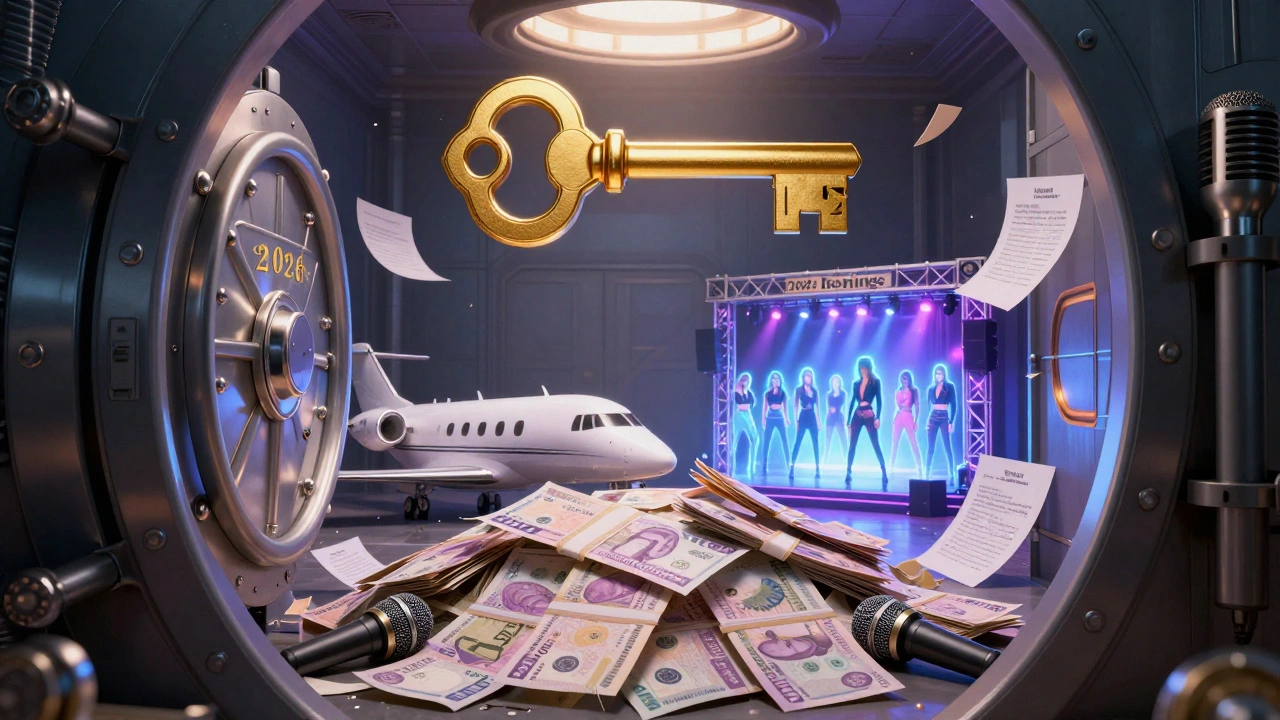 Golden Spice Girls key hovering over a vault filled with cash, jet, stage gear, and shattered fake booking contracts.