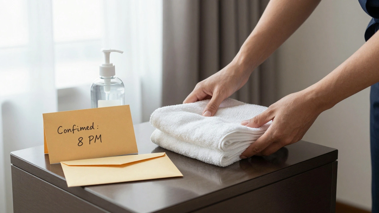 Hands placing hygiene items and a confirmation note on a hotel nightstand, conveying cleanliness and preparation.