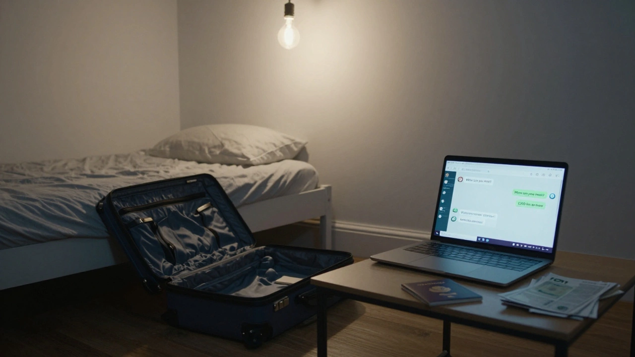 Inside a sparse London flat, a woman's passport and phone display messages about paid meetings under cold overhead light.
