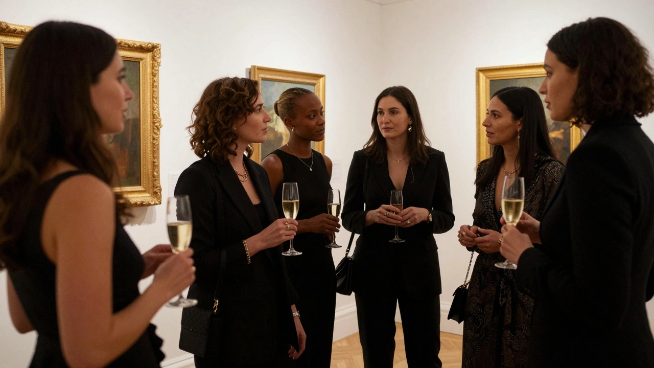 Professional women in elegant attire conversing gracefully at a private art event in London.