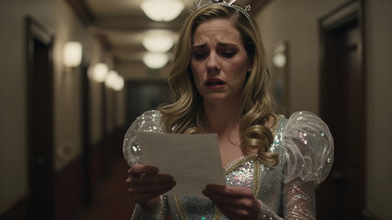 Regina George alone in a dim hallway after the show, glittery costume, tear-streaked makeup, emotional expression.