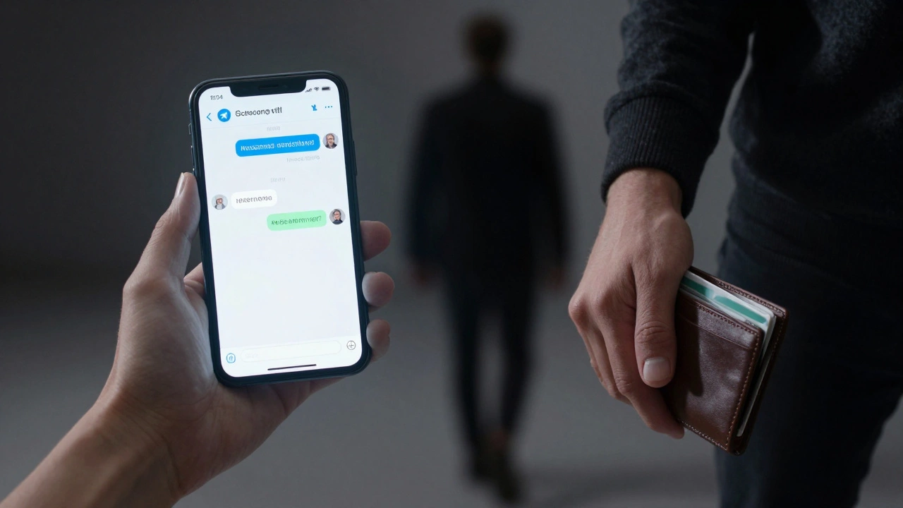 Someone walking away from a suspicious messaging app screen, holding their ID.