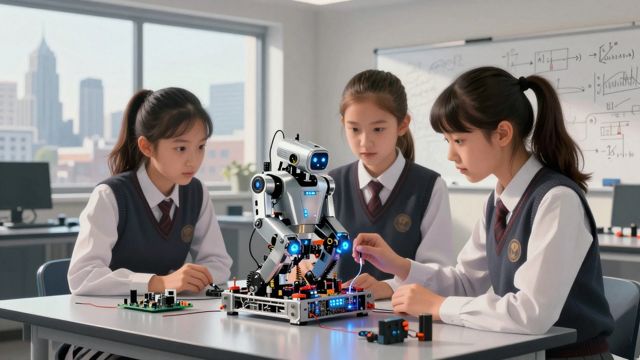 Students working on a robotics project in a high-tech lab with glowing blue lights