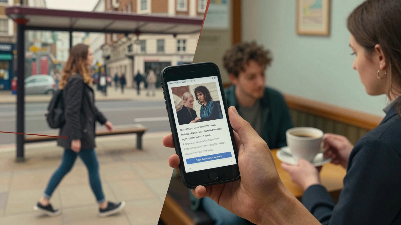 Three connected scenes: a lone woman, a prostitution ad on a phone, and a support worker offering tea in a community center.