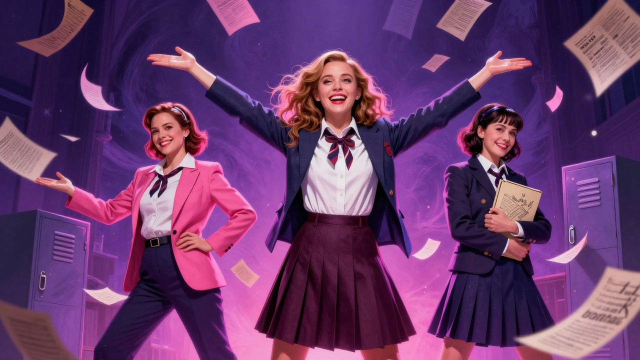 Three lead actresses in dramatic pose: Cady, Regina, and Janis under glowing stage lights with floating gossip pages.