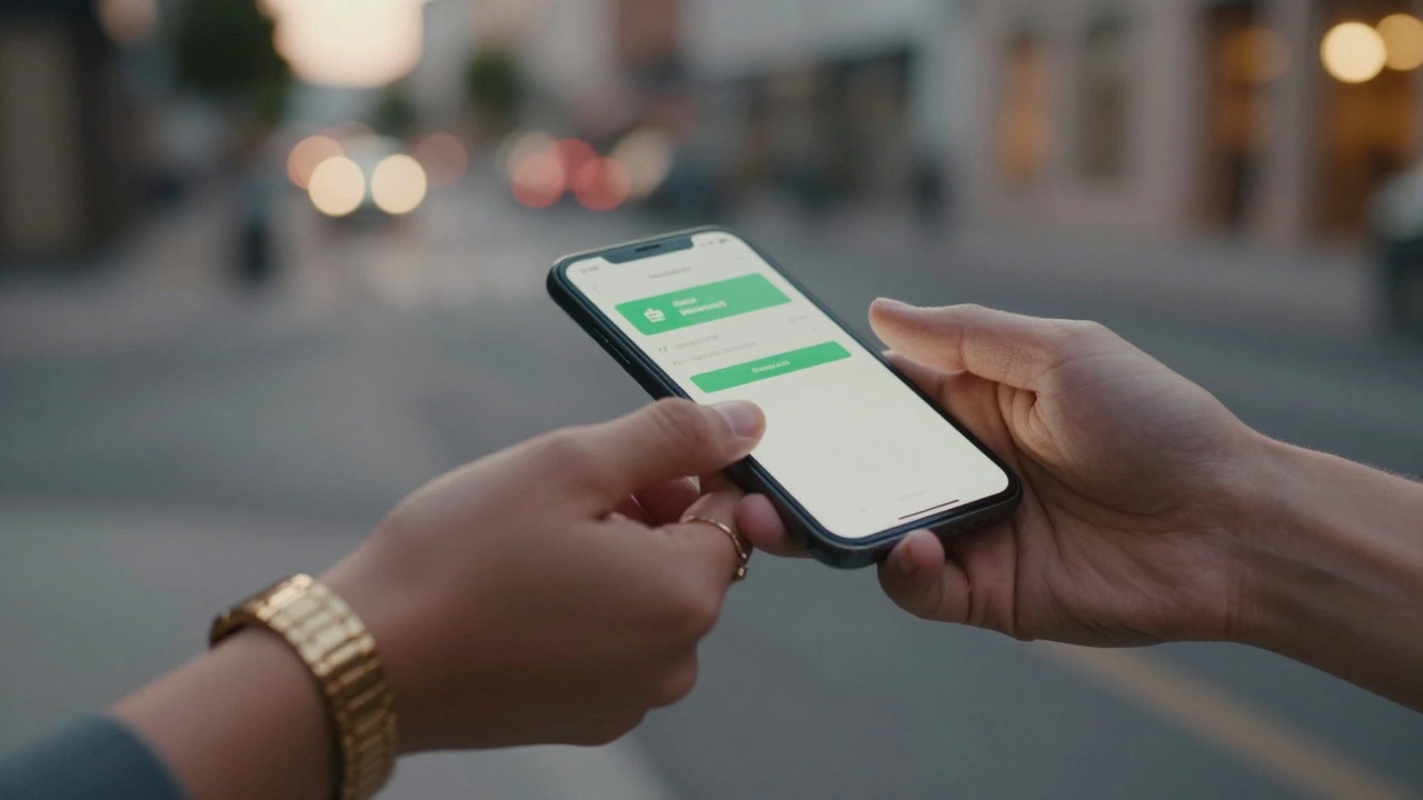 Two hands exchanging a secure digital payment, one with a gold watch, the other with a delicate ring, in a dimly lit urban setting.