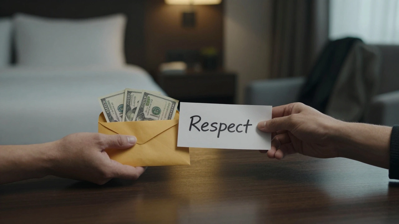 Two hands reach across a table — one holding cash, the other offering a note that reads 'Respect'.