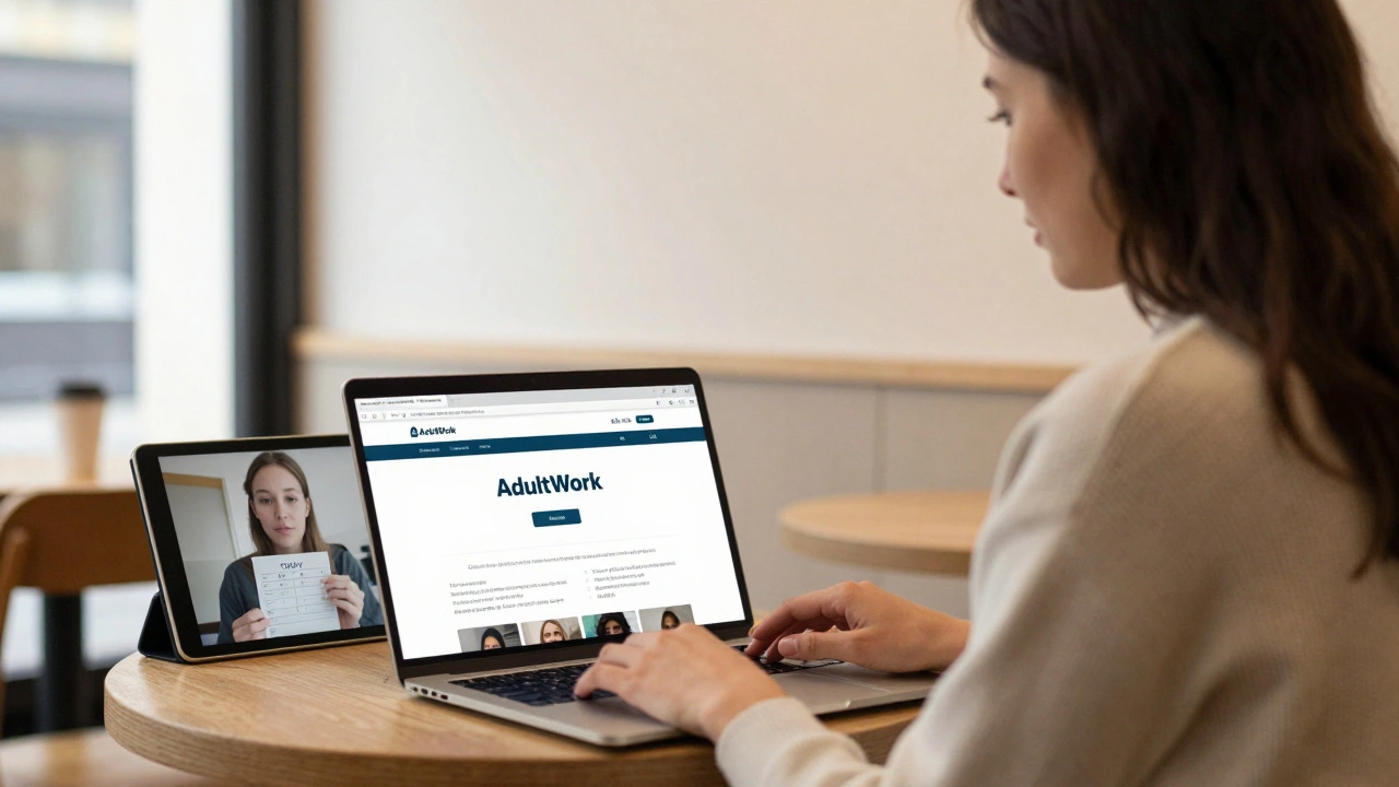 Woman in a coffee shop verifying an escort profile via live video call on a tablet.